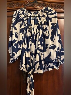 Navy and Cream Printed Peasant Top